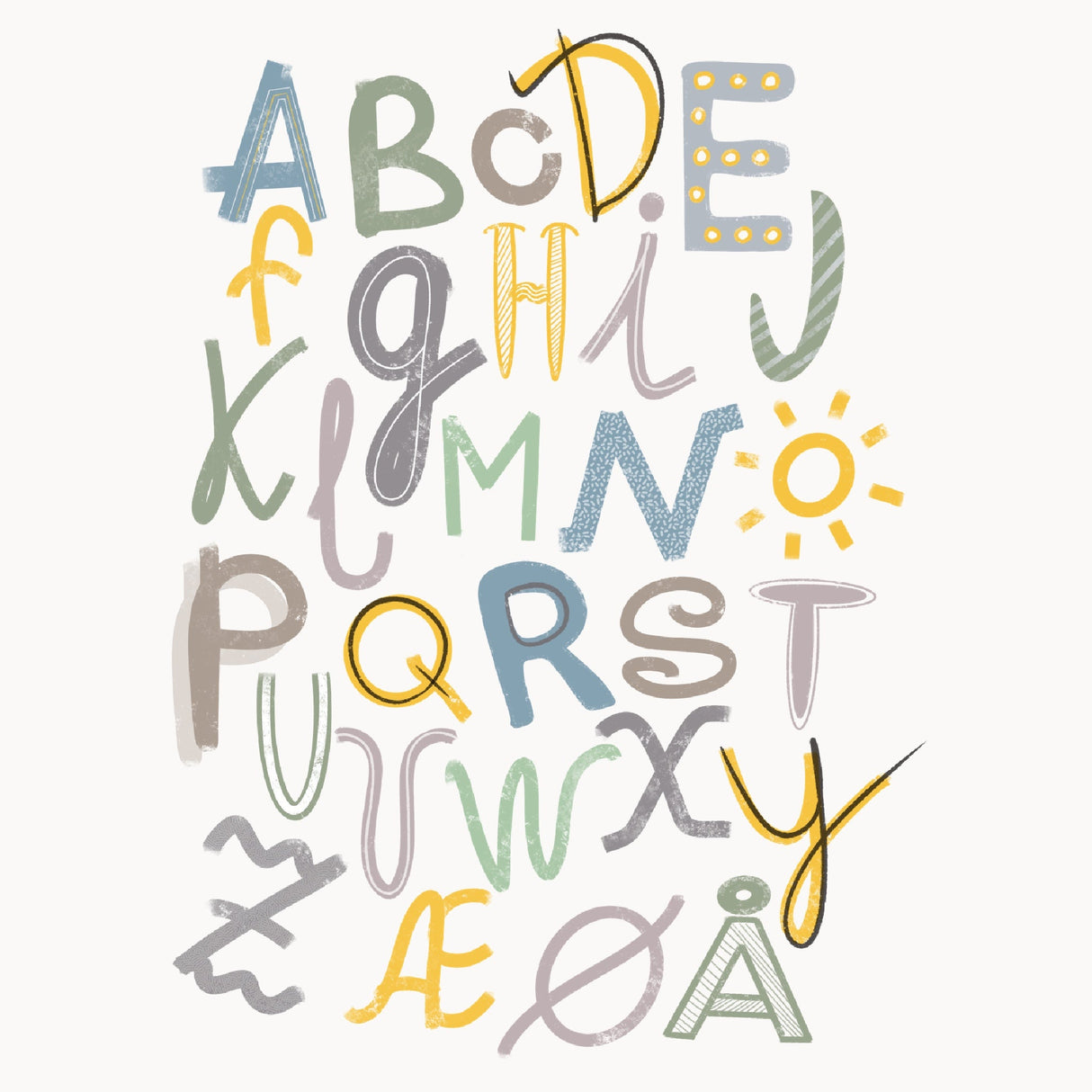 ABC Plakat - Med Sol & Farver - Dansk Alfabet - Lille Plakat