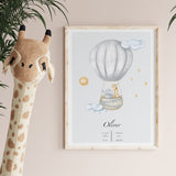 Dåbsplakat - Luftballon - Grå - Med Navn, Dato & Vægt - Lille Plakat