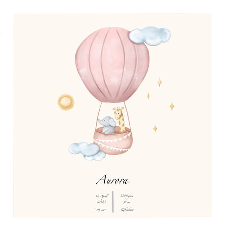 Dåbsplakat - Luftballon - Rosa - Med Navn, Dato & Vægt - Lille Plakat