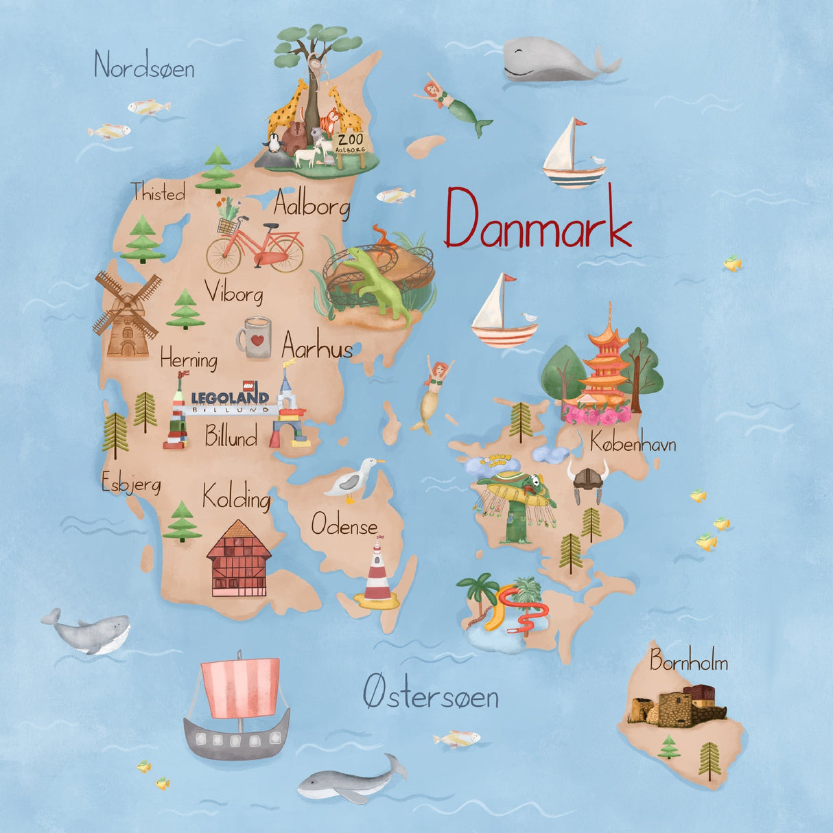 Danmarkskort Plakat - Med Børneattraktioner & Danske Bynavne - Lille Plakat