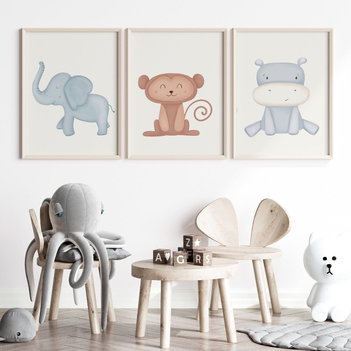 Plakatsæt - Elefant, Abe & Flodhest - 3 Plakater - Lille Plakat